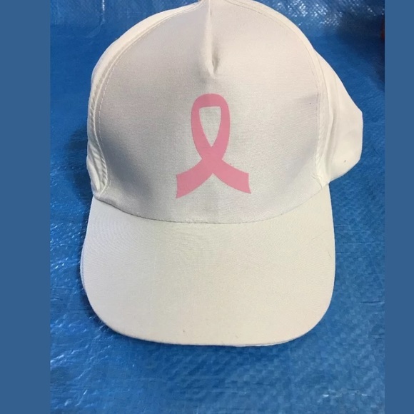 Pink and white Velcro breast cancer support hat