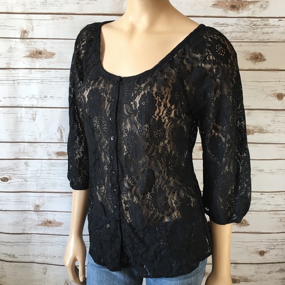 Lucky Brand Tops - Lucky Brand Blouse Black Lace Button Front Sheer