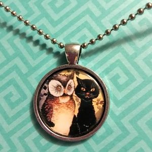 Black cat + brown owl buddies pendant necklace