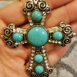Turquoise Studded Cross Long Necklace