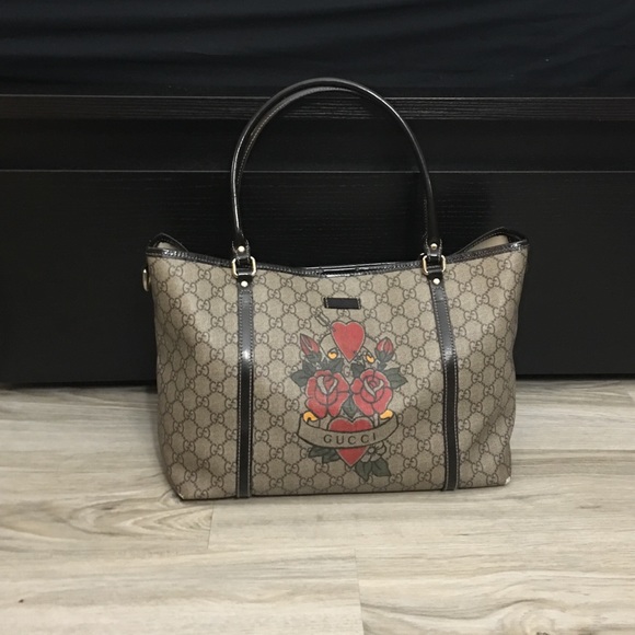 Gucci Monogram Canvas Rose Heart Tattoo Tote