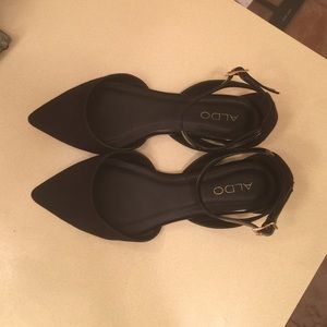 Aldo black suede and patent leather strappy flats