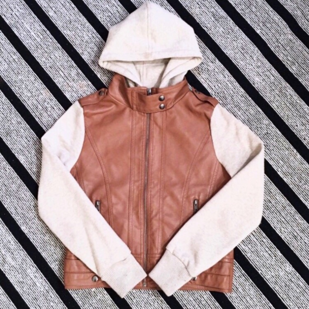 Mixed Media Tan & Brown Hooded Moto Jacket (S)