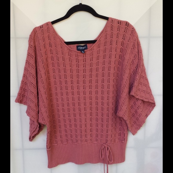 Short kimono sleeve pointelle knit sweater