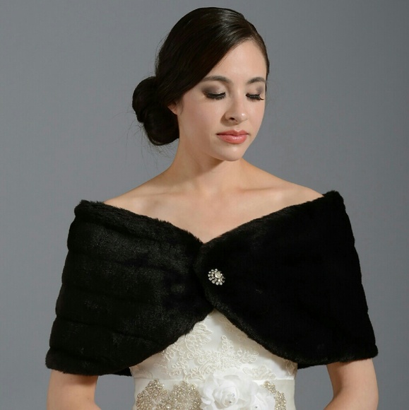 BLACK FAUX FUR WRAP SHAWL with Rhinestone Detail