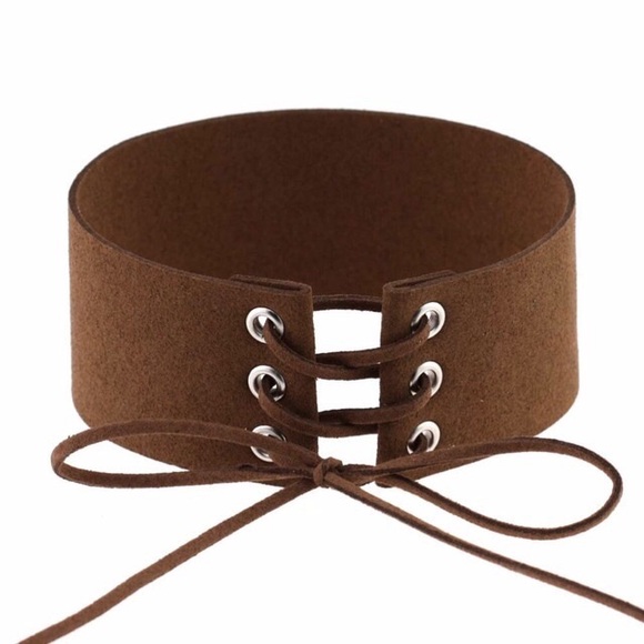 "Jonah" Suedette Lace Up Choker in Cocoa Nude
