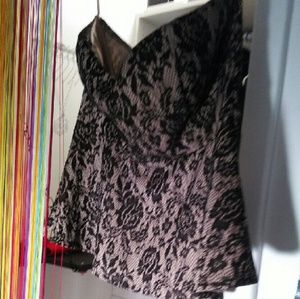 Strapless black/tan lace peplum top