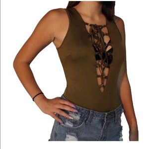 OLIVE green lace up BODYSUIT