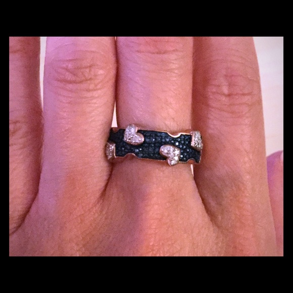 Genuine Blue&White Diamond SS Heart Band Ring - Picture 1 of 4
