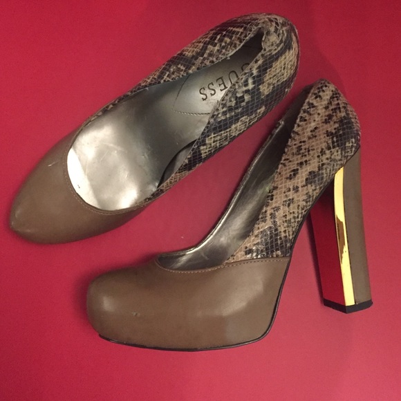 GUESS Snakeskin Pumps with Gold Accented Heel