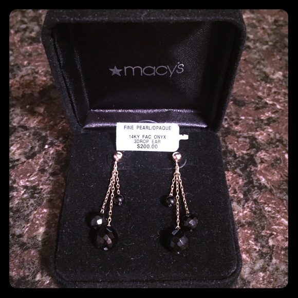 14K gold drop earrings with black onyx stones
