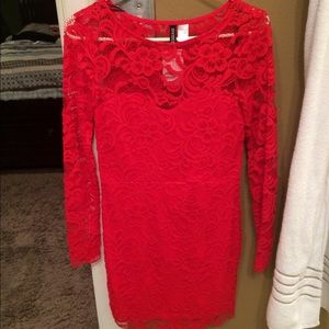 Red lace dress with sweetheart underlay
