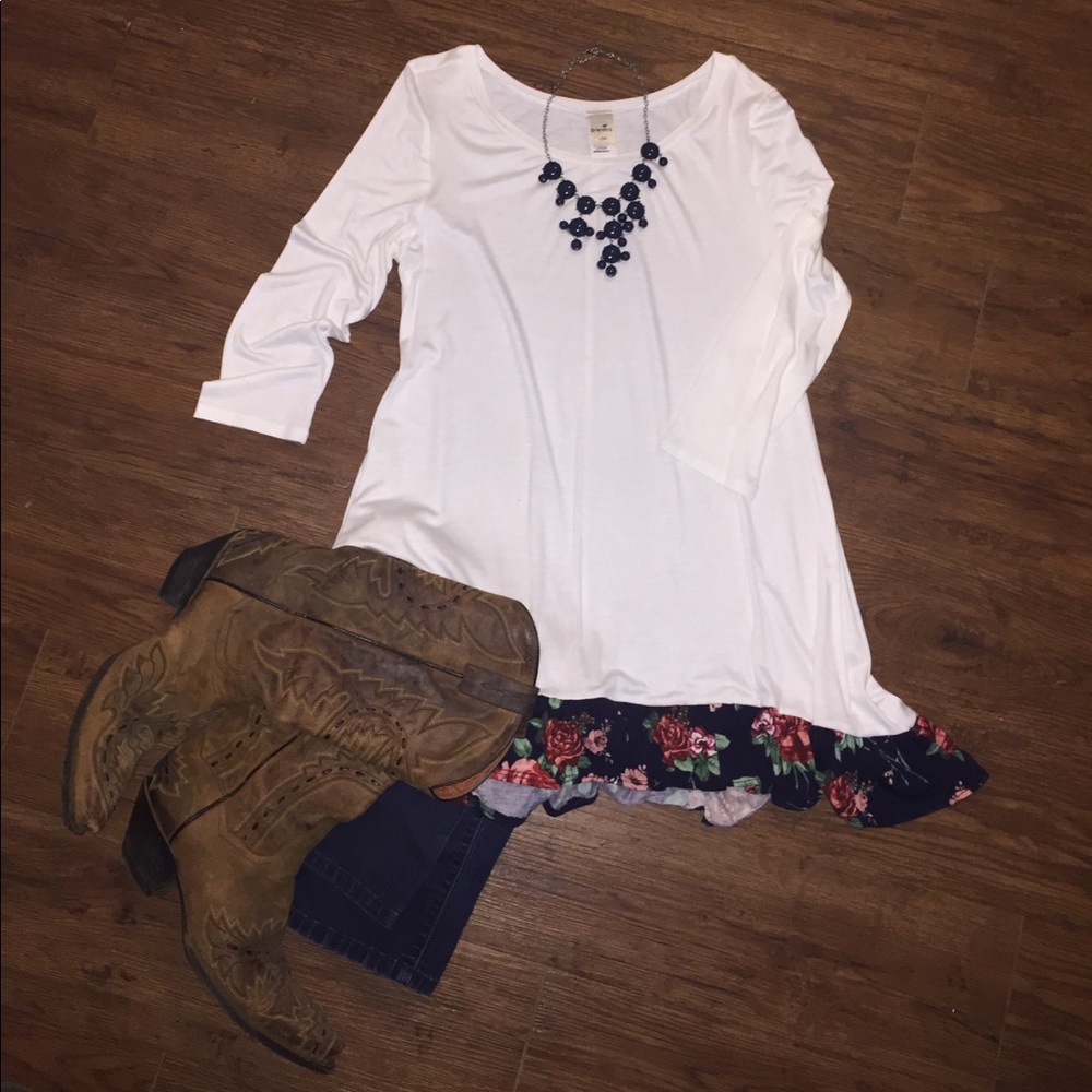 Cream and Navy Floral Ruffle Top