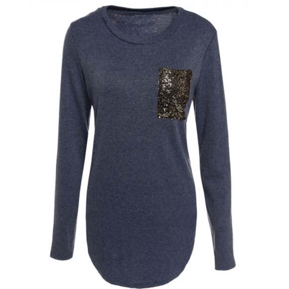 Scoop neck long sleeve blouse with sequin pocket