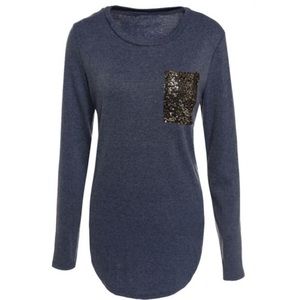 Scoop neck long sleeve blouse with sequin pocket