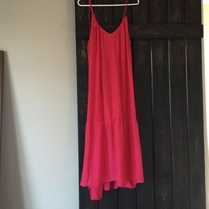 Pink midi dress with ruffle and tassels