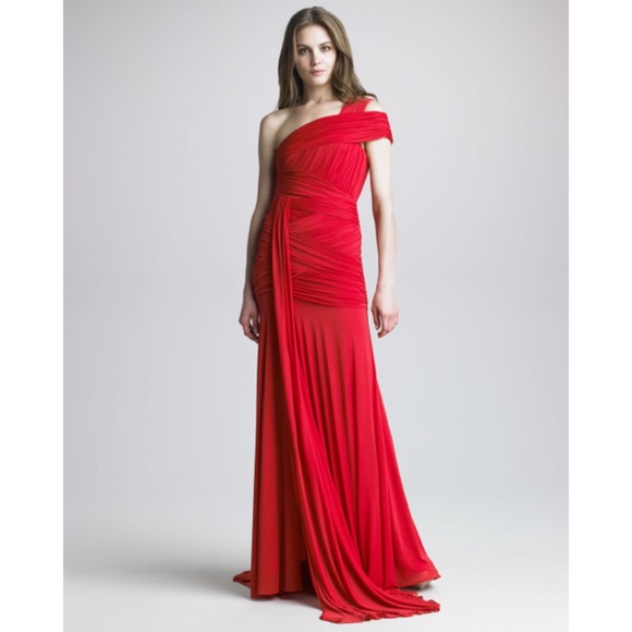 Halston Heritage Vermillion Red One Shoulder Gown