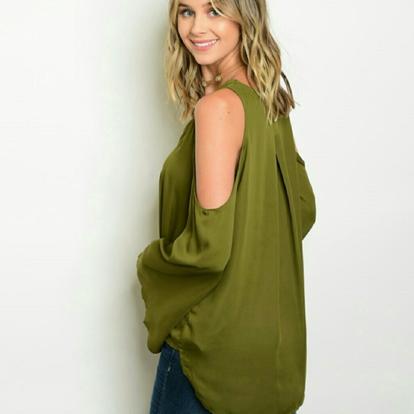 cold shoulder bell sleeve boho olive top - Picture 2 of 4
