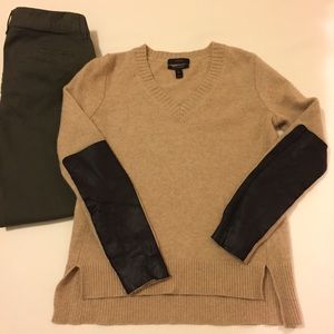 J. Crew Leather Panel V-Neck Sweater