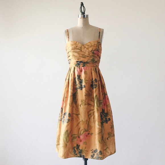Anthropologie Gold Watercolor Floral Dress Size 6