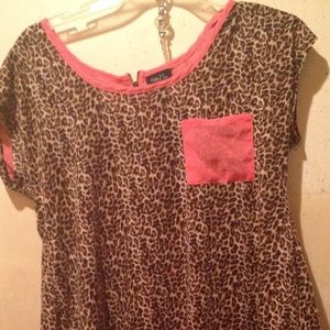 Rue 21 Leopard & Coral Slit Back Sheer Panel Shirt