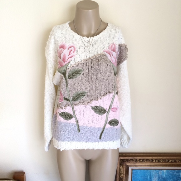 VTG 80's Colorblock Roses Shenanigans Sweater Top