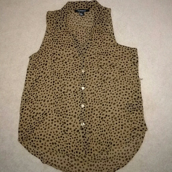 F21 brown w/black spots sheer sleveless blouse