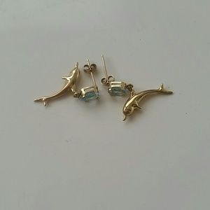 14 karat gold dolphin with aquamarine earrings