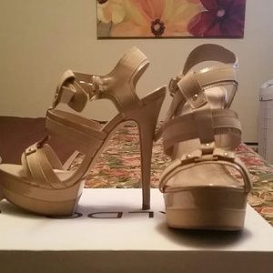 Beige platform pumps