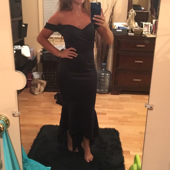 Navy off the shoulder dress midi flare dress. - Picture 2 of 4