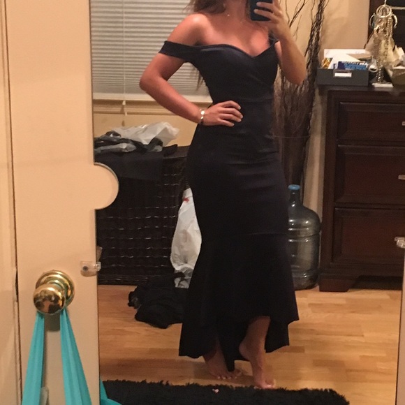 Navy off the shoulder dress midi flare dress. - Picture 3 of 4