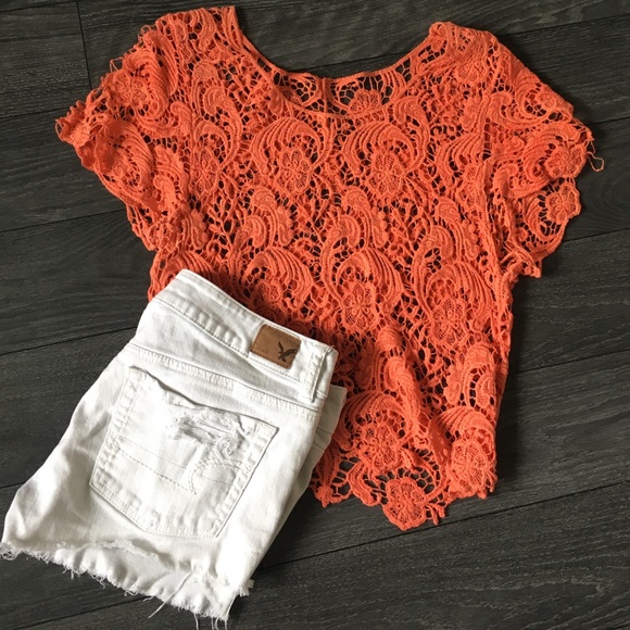 Sabo Skirt Tops - Gorgeous Coral Lace Detail Overlay Top Sabo Skirt Tops - Gorgeous Coral Lace Detail Overlay Top