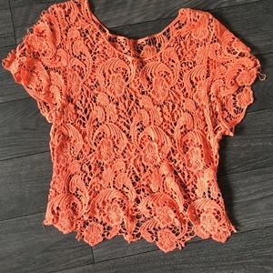 Sabo Skirt Tops - Gorgeous Coral Lace Detail Overlay Top Sabo Skirt Tops - Gorgeous Coral Lace Detail Overlay Top