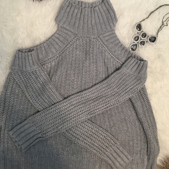 Grey turtle neck open shoulder sweater