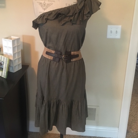 Green one shoulder dress with belt