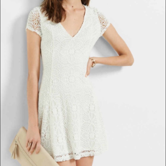 express white dress short Express Women's Satin Lace Trim V-Neck Short Sleeve Mini Dress in Neutral Small