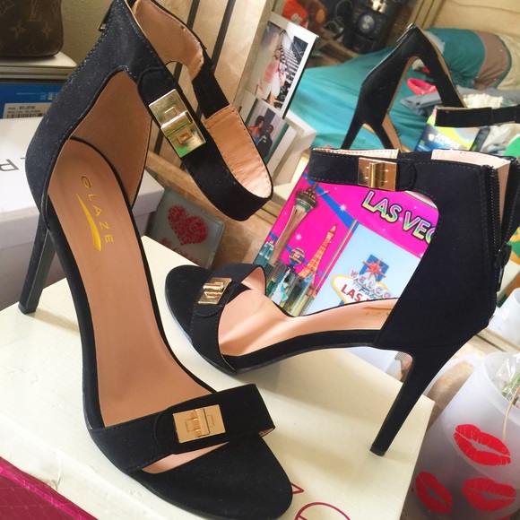 Black suede ankle strap heels