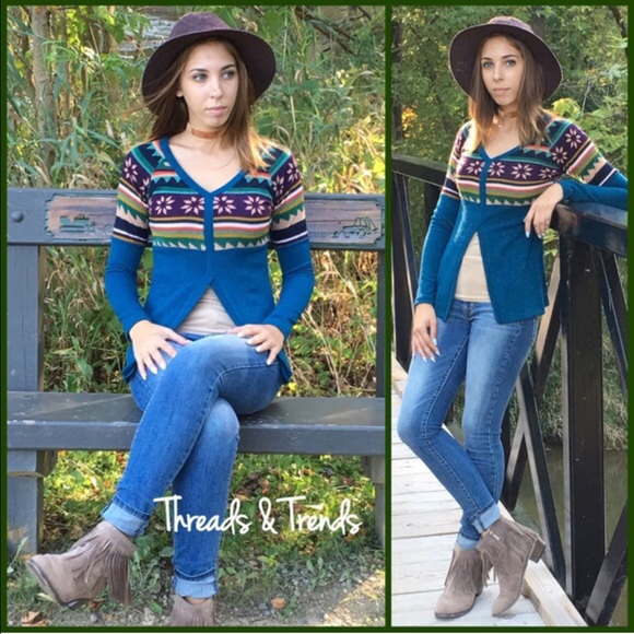 Teal Aztec Print Sweater - Picture 4 of 4
