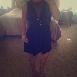 Beautiful DEEP navy blue sequined mesh mini dress