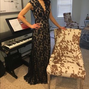 Custom Navy Blue Lace Illusion Evening Gown