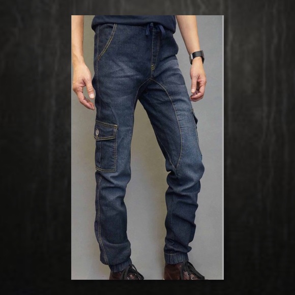 🎉Men's Party HP🆕Dark Blue Denim Joggers Cargo - Picture 2 of 3