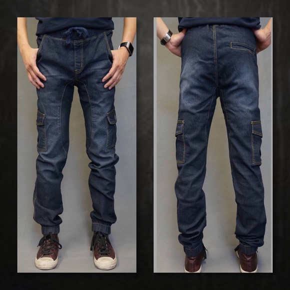 🎉Men's Party HP🆕Dark Blue Denim Joggers Cargo - Picture 3 of 3