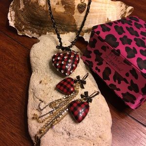 Betsey Johnson Plaid Heart Necklace & Earring Set