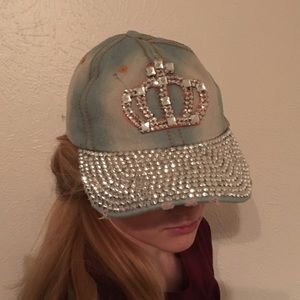 Distressed light bling denim baseball cap