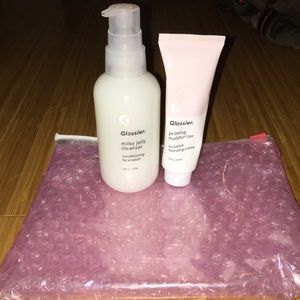 Glossier NWOT primer lotion, dash wash & pink bag