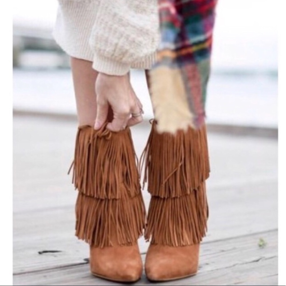 Last pair✨New| BROWN STILETTO FRINGE BOOTS - Picture 1 of 5