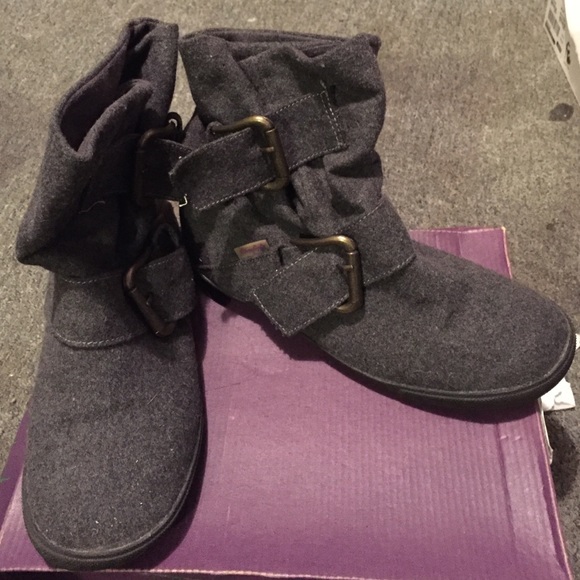 Grey buckle ankle bootie