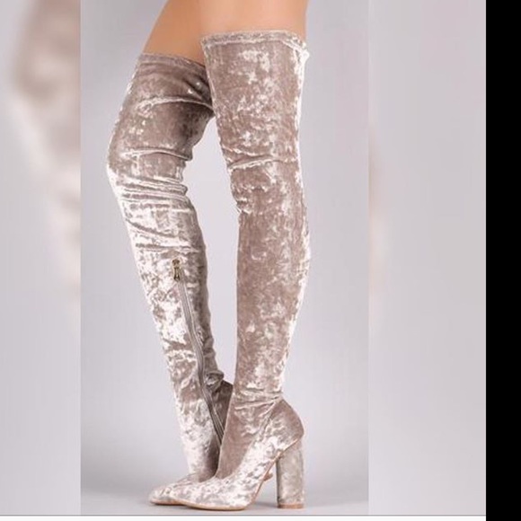 Silver velvet thigh high boots - Picture 2 of 2