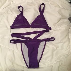 Mesh cut out purple high waisted bikini