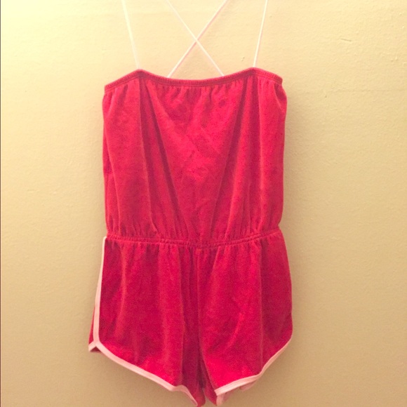 Red, terry cloth romper! Retro pink piping!